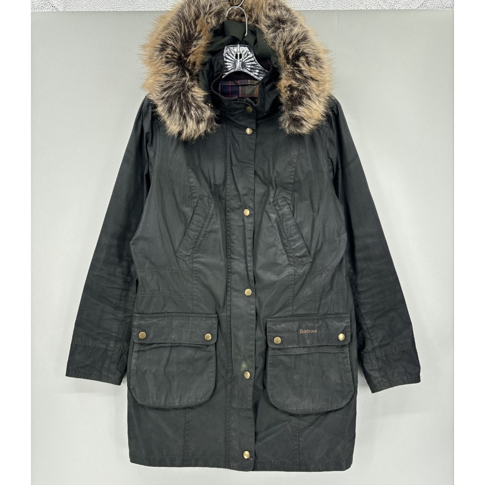 Barbour Coat Womens 10 Green Waxed Cotton Fur Trim Hood Parka Lightweight Tartan